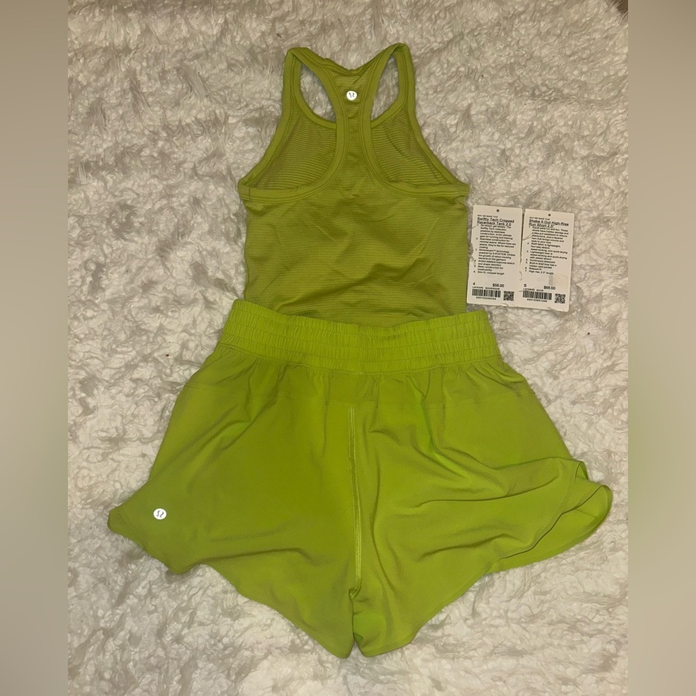Lululemon sour grape cropped tank top and shake it out short (NWT)